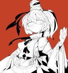  1girl closed_mouth detached_sleeves hair_between_eyes hat japanese_clothes kariginu long_hair massakasama mononobe_no_futo orange_background ponytail ribbon-trimmed_sleeves ribbon_trim simple_background solo tate_eboshi touhou upper_body wide_sleeves 