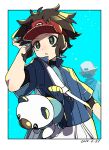 2boys absurdres bag blue_background bodysuit bodysuit_under_clothes border bright_pupils brown_eyes brown_hair commentary_request dated hand_up highres hilbert_(pokemon) jacket looking_to_the_side male_focus mochi_(buchumi10) multiple_boys nate_(pokemon) oshawott outside_border parted_lips pokemon pokemon_(creature) pokemon_(game) pokemon_bw pokemon_bw2 red_headwear short_hair short_sleeves visor_cap white_border 