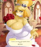  2022 4_fingers absurd_res animal_crossing anthro bouquet breasts candle canid canine canis cleavage clothed clothing crown digital_media_(artwork) domestic_dog dress english_text eyebrows female fingers flower flower_petals gammainks hi_res inside isabelle_(animal_crossing) looking_at_viewer mammal nintendo petals plant ring rose_(flower) rose_petals shih_tzu smile solo text tiara toy_dog video_games wedding_dress 