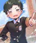  1boy black_hair blue_sky blush building child cloud cloudy_sky collared_shirt commentary damian_desmond day eden_academy_uniform emblem long_sleeves male_child male_focus open_mouth outdoors pointing pointing_at_viewer school_uniform shirt short_hair sky smile spy_x_family yuusuke-kun 