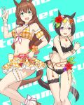  animal_ears blue_eyes breasts brown_hair cleavage collarbone flower hair_flower hair_ornament highres horse_ears horse_tail kawashina_(momen_silicon) long_hair maruzensky_(umamusume) medium_breasts medium_hair open_mouth purple_eyes special_week_(umamusume) sunglasses swimsuit tail umamusume 