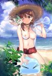  1girl =_= atelier_(series) atelier_ryza atelier_ryza_2 bangs beach bikini bikini_top_only black_choker blue_sky braid breasts breasts_out brown_eyes brown_hair cheek-to-cheek cheek_press choker collarbone drop_earrings earrings fi_(atelier) flask hat heads_together highres holding holding_flask jewelry key_necklace kneeling large_breasts light_smile looking_at_viewer nipples ocean off_shoulder one_eye_closed open_clothes open_shirt red_shorts reisalin_stout round-bottom_flask shiratori_aki shirt short_hair short_shorts shorts sky slime_(creature) star_(symbol) star_earrings straw_hat sun_hat swimsuit white_bikini white_shirt 