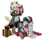  2boys absurdres animal_ears bag bakugou_katsuki boku_no_hero_academia boots bow box brown_footwear christmas claws closed_mouth collar freckles full_body gift gift_box green_eyes green_hair green_jacket highres holding holding_bag holding_box holding_gift jacket long_sleeves looking_at_another male_focus midoriya_izuku multiple_boys niwa2wa_tori open_mouth red_bow red_collar red_eyes red_footwear red_headwear shirt short_hair shorts simple_background sitting spiked_hair standing tail white_background white_shirt wolf_boy wolf_ears wolf_tail 