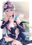  1girl azur_lane bangs bare_shoulders belt blue_eyes breasts cleavage coat collarbone eating enterprise_(azur_lane) enterprise_(wind_catcher)_(azur_lane) eyewear_on_head finger_to_mouth fingerless_gloves food gloves grass jacket large_breasts long_hair looking_at_viewer miniskirt nytail official_alternate_costume open_clothes partially_fingerless_gloves partially_unzipped popsicle purple-tinted_eyewear purple_coat race_queen skirt solo sunglasses tinted_eyewear tohko 
