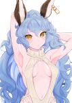  1girl absurdres animal_ears armpits arms_behind_head arms_up bare_shoulders blush breasts clothing_cutout collarbone covered_nipples ear_piercing ferry_(granblue_fantasy) granblue_fantasy hair_between_eyes hand_in_own_hair highres inuinuo_gataken long_hair looking_at_viewer meme_attire navel nude piercing presenting_armpit small_breasts solo stomach sweater toned turtleneck turtleneck_sweater upper_body virgin_killer_sweater 