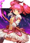  1girl blush bow bow_(weapon) breasts buttons frilled_skirt frills gloves hair_between_eyes hair_bow holding holding_bow_(weapon) holding_weapon hungry_clicker kaname_madoka leg_up looking_at_viewer magical_girl mahou_shoujo_madoka_magica pink_eyes puffy_short_sleeves puffy_sleeves purple_background short_sleeves skirt small_breasts smile twintails upper_body weapon white_gloves 
