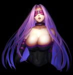  1girl black_background blindfold breasts covered_eyes facial_mark fate/stay_night fate_(series) forehead forehead_mark large_breasts lips long_hair medusa_(fate) medusa_(rider)_(fate) minami_koyogi purple_hair very_long_hair 