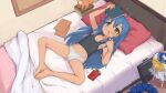  1girl ahoge barefoot bed black_shirt blue_hair blush breasts cameltoe closed_mouth collarbone eyebrows_behind_hair food green_eyes highres indoors izumi_konata long_hair lucky_star lying navel on_back on_bed panties pocky recklessdraw ryouou_school_uniform school_uniform serafuku shiny shiny_hair shirt small_breasts smile solo spread_legs underwear white_panties 