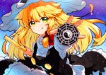  1girl :q bangs blonde_hair braid closed_mouth gradient gradient_background green_eyes highres kirisame_marisa long_hair looking_at_viewer mini-hakkero orb qqqrinkappp side_braid single_braid smile solo tongue tongue_out touhou traditional_media upper_body witch yin_yang yin_yang_orb 