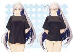  ... 1girl ahoge arms_behind_back bangs black_shirt blue_eyes blush breasts closed_mouth colored_inner_hair commentary_request dark_blue_hair grey_hair hair_between_eyes highres large_breasts long_hair looking_at_viewer looking_away multicolored_hair original oversized_clothes oversized_shirt panties ponytail shirt simple_background snakeping standing t-shirt two-tone_hair underwear white_panties 