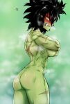  black_hair blush breasts brother butt clenched_teeth embarrassed fangs female green_background green_body hair hiding_breasts humanoid juliusmz63 kain_(juliusmz63) looking_at_viewer looking_back mammal muscular muscular_female orc scar sibling simple_background solo steam teeth yellow_eyes 