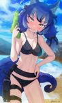  1girl animal_costume animal_ear_fluff animal_ears beach belt bikini black_bikini closed_mouth dire_wolf_(kemono_friends) grey_eyes highres kedama_(ughugjydthjdf) kemono_friends kemono_friends_v_project long_hair looking_at_viewer ribbon smile solo swimsuit tail twintails virtual_youtuber water_gun wolf_costume wolf_ears wolf_girl wolf_tail 