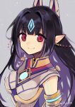  1girl absurdres black_hair breasts chest_jewel gem haruto_yuki highres kasandra_(xenoblade) long_hair medium_breasts pointy_ears red_eyes signature simple_background smile solo very_long_hair xenoblade_chronicles_(series) xenoblade_chronicles_2 