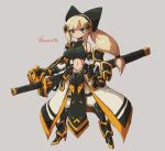  1girl absurdres black_bow black_gloves black_hairband blonde_hair blue_eyes blush bow breasts clenched_hand gloves hair_bow hairband highres kuruton486 large_breasts long_hair looking_at_viewer luca_(kuruton486) mechanical_arms midriff navel original pants single_mechanical_arm solo sword weapon white_pants 