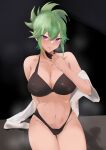  1girl absurdres aya_roushi bikini black_bikini black_eyes breasts cleavage genshin_impact green_hair highleg highleg_bikini highleg_swimsuit highres kuki_shinobu large_breasts mask medium_hair mouth_mask ninja_mask ponytail purple_eyes removing_mask sitting solo swimsuit towel 