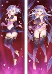  2girls bangs black_legwear breasts breasts_apart closed_mouth dakimakura_(medium) detached_sleeves fate/grand_order fate_(series) floating_hair flower full_body hair_between_eyes hair_ribbon high_heels holding holding_flower kama_(fate) large_breasts long_hair long_sleeves looking_at_viewer microskirt midriff moeanime multiple_girls navel panties parted_lips petals pink_flower pink_ribbon purple_panties purple_skirt purple_sleeves red_background red_eyes ribbon shiny shiny_clothes shiny_legwear shiny_skin sideboob skirt smile split_screen stomach thighhighs underwear very_long_hair white_hair yellow_panties 