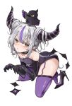  1girl animal_on_head appleseed_(appleseed_art) bangs bare_shoulders bird bird_on_head black_footwear black_gloves black_leotard blonde_hair blush closed_mouth crow_(la+_darknesss) demon_horns elbow_gloves full_body garter_straps gloves grey_hair hair_on_horn high_heels highres hololive horns la+_darknesss leotard long_hair looking_at_viewer multicolored_hair no_shoes on_head pointy_ears purple_hair purple_legwear shoes shoes_removed simple_background solo strapless strapless_leotard streaked_hair thighhighs very_long_hair virtual_youtuber white_background 