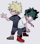  2boys bakugou_katsuki black_shirt black_shorts blonde_hair boku_no_hero_academia brown_footwear closed_mouth freckles green_eyes green_hair hand_up highres looking_at_another looking_back male_child male_focus midoriya_izuku multiple_boys niwa2wa_tori open_mouth red_eyes red_footwear shirt shoes short_hair short_sleeves shorts simple_background spiked_hair standing white_background white_shirt younger 