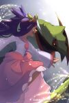  1girl :d brown_eyes commentary_request dark-skinned_female dark_skin from_side grey_background hair_rings haxorus highres iris_(pokemon) long_hair long_sleeves open_mouth pink_skirt pokemon pokemon_(anime) pokemon_(creature) pokemon_journeys ponytail purple_hair shirt skirt smile teeth tiara uguisu_(sugardollhomelif) upper_teeth white_shirt 