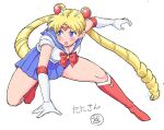  1girl bishoujo_senshi_sailor_moon blonde_hair blue_eyes blue_sailor_collar blue_skirt bow breasts choker cleavage double_bun elbow_gloves gloves hair_bun highres leotard long_hair magical_girl pleated_skirt red_bow red_choker red_footwear sailor_collar sailor_moon sailor_senshi_uniform simple_background skirt solo squatting tanisan tsukino_usagi twintails white_background white_gloves white_leotard 