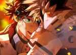  2boys bakugou_katsuki blonde_hair blood blood_on_face blurry blurry_foreground boku_no_hero_academia commentary electricity eye_mask freckles gloves green_eyes green_hair hand_on_another&#039;s_head injury male_focus midoriya_izuku multiple_boys namarigenshi open_mouth short_hair spiked_hair white_gloves 