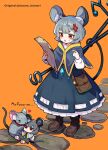  1girl anger_vein animal animal_ears bag black_dress blush brown_footwear capelet character_doll dowsing_rod dress fumo_(doll) grey_capelet grey_hair heart highres holding howhow_notei jewelry long_sleeves mouse mouse_ears mouse_tail nazrin open_mouth orange_background pendant red_eyes shoes short_hair shoulder_bag simple_background solo tail touhou 