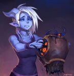  armor blizzard_entertainment blue_body blue_eyes blue_skin clothed clothing cursed_item disgust draenei eldritch_horror female hair holding_armor holding_object horn humanoid humanoid_pointy_ears jewelry overnoes shirt slime solo tank_top tentacles topwear video_games warcraft white_hair 