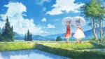  2girls blush cloud commentary crystal_wings day dress fjsmu flandre_scarlet full_body grass hat hat_ribbon highres hill looking_at_another mob_cap multiple_girls open_mouth outdoors parasol pink_dress red_dress red_footwear remilia_scarlet ribbon rice_paddy scenery smile sun sunlight touhou traditional_media tree umbrella walking 