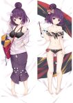  1girl aqua_ribbon ass_visible_through_thighs bangs bare_arms bare_legs barefoot bed_sheet bikini black_bikini black_sports_bra blue_eyes blunt_bangs blush breasts cleavage closed_mouth collarbone dakimakura_(medium) fate/grand_order fate_(series) floral_print flower frilled_bikini frills from_above front-tie_bikini front-tie_top full_body hair_bun hair_flower hair_ornament hair_ribbon hand_in_pocket holding holding_brush jacket katsushika_hokusai_(fate) large_breasts long_hair looking_at_viewer lying moeanime off_shoulder on_back open_clothes open_jacket pink_ribbon print_bikini purple_hair purple_skirt ribbon shiny shiny_hair skirt smile solo split_screen sports_bra swimsuit underboob white_jacket wrist_ribbon 