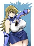  1girl absurdres blonde_hair breasts brown_eyes curvy fingerless_gloves gloves highres huge_breasts lipgloss lips miniskirt salewdmander school_uniform self_upload skirt sleeveless smile smug tenjouin_asuka yu-gi-oh! yu-gi-oh!_gx 