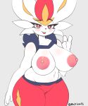  2022 anthro areola big_breasts blush breasts cinderace female genitals hi_res kyodashiro looking_at_viewer nintendo nipples open_mouth pok&eacute;mon pok&eacute;mon_(species) pussy signature simple_background solo video_games 