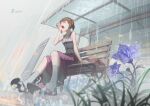  1girl absurdres bench blue_flower brown_hair closed_eyes crying dated dress flower grey_dress grey_legwear highres kaguya-sama_wa_kokurasetai_~tensai-tachi_no_renai_zunousen~ kneehighs open_mouth purple_dress purple_footwear rain red_bag sad shijou_maki short_hair sitting sitting_on_bench sobbing solo streaming_tears striped striped_dress tanziya_(codlxcold) tears twintails wiping_tears 