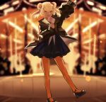  1girl :d animal_ears arknights arm_up bear_ears black_footwear black_jacket blonde_hair blue_dress blurry blurry_background candy candy_hair_ornament dress food food-themed_hair_ornament gummy_(arknights) hair_ornament hairclip highres holding holding_candy holding_food holding_lollipop jacket lollipop long_sleeves neckerchief open_clothes open_jacket open_mouth orange_eyes orange_legwear pantyhose sailor_collar sailor_dress samidareame smile solo standing swirl_lollipop teeth upper_teeth white_neckerchief white_sailor_collar 