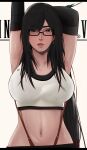  1girl armpits arms_up black-framed_eyewear black_gloves black_hair black_skirt breasts commentary crop_top drop_earrings earrings edmun elbow_gloves final_fantasy final_fantasy_vii final_fantasy_vii_remake glasses gloves highres jewelry large_breasts long_hair looking_at_viewer midriff navel_piercing parted_lips piercing red_eyes signature skirt solo sports_bra suspender_skirt suspenders sweat tifa_lockhart upper_body white_background white_sports_bra 