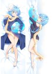  1girl ;d bare_legs barefoot bed_sheet black_shirt blue_coat blue_hair blush bottomless coat colored_eyelashes dakimakura_(medium) full_body fur-trimmed_sleeves fur_trim grin long_hair long_sleeves looking_at_viewer lying mask mask_on_head moeanime off-shoulder_shirt off_shoulder on_back on_stomach one_eye_closed open_mouth rimuru_tempest shiny shiny_hair shirt smile soles solo split_screen straight_hair tensei_shitara_slime_datta_ken very_long_hair yellow_eyes 