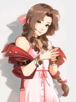  1girl aerith_gainsborough bangs bracelet braid braided_ponytail breasts brown_hair buttons choker cleavage dress final_fantasy final_fantasy_vii final_fantasy_vii_remake green_eyes grey_background hair_ribbon highres jacket jacket_partially_removed jewelry looking_at_viewer medium_breasts multiple_bracelets outside_border own_hands_together parted_bangs pink_dress red_jacket ribbon sidelocks smile softp3ach solo spaghetti_strap upper_body wavy_hair 
