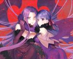  2girls alternate_costume dress earrings fate/stay_night fate_(series) forehead jewelry lips long_hair matou_sakura medusa_(fate) medusa_(rider)_(fate) multiple_girls purple_dress purple_eyes purple_hair very_long_hair ycco_(estrella) 