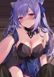  1girl absurdres bangs bare_shoulders blue_ribbon blurry blurry_background blush breasts cleavage cone_hair_bun double_bun dress embarrassed genshin_impact hair_bun hair_ornament highres hizuki_higure keqing_(genshin_impact) keqing_(opulent_splendor)_(genshin_impact) large_breasts leaning_forward long_hair looking_at_viewer outstretched_arm purple_eyes purple_hair raised_eyebrows ribbon sweatdrop swept_bangs twintails 