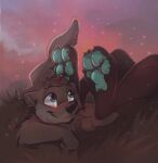  2022 ambiguous_gender anthro biped black_body black_fur black_nose blue_eyes blue_pawpads blush brown_body brown_fur brown_hair claws cooper_(doctorotterface) duo ear_piercing ear_ring feet foot_focus fox4 fur grass hair looking_at_another looking_at_partner looking_at_paw looking_at_paws lutrine lying lying_on_ground male male/ambiguous mammal mustelid on_front pawpads paws piercing plant ring_piercing river_otter 