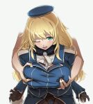 1boy 1girl atago_(kancolle) baconegg beret black_gloves blonde_hair blush breast_grab breast_squeeze breasts gloves grabbing grabbing_from_behind green_eyes hat hetero highres kantai_collection large_breasts long_hair military military_uniform open_mouth pantyhose short_hair smile solo_focus uniform white_background 
