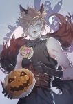  1boy animal_ears belt blonde_hair blue_eyes candy claws cloud_strife facial_mark fangs final_fantasy final_fantasy_vii final_fantasy_vii_remake food gloves graveyard hair_between_eyes halloween highres holding holding_candy holding_food holding_lollipop jack-o&#039;-lantern katagawa_mika lollipop looking_at_viewer muscular muscular_male open_mouth pants short_hair sleeveless sleeveless_turtleneck solo spiked_hair tail tongue tongue_out turtleneck whisker_markings wolf_ears wolf_tail 