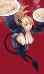  1girl :d apron arm_up belt_pouch black_apron black_pants blonde_hair boots breasts chaps cleavage crazy_eyes crotchless crotchless_pants demon_girl demon_horns demon_tail dorohedoro downblouse dumpling food from_above full_body fur hand_up holding holding_plate hood hood_down horns jiaozi large_breasts leaning_forward long_hair long_sleeves looking_at_viewer naked_apron nikaidou_(dorohedoro) oven_mitts pants plate ponytail pouch red_background red_eyes rff_(3_percent) shaded_face shrug_(clothing) simple_background smile solo standing steam tail 