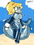  &lt;3 2022 absurd_res animate_inanimate anthro blonde_hair blue_body breasts collar featureless_breasts female fish glistening glistening_body hair handles hi_res inflatable living_inflatable looking_aside marine on_one_leg outside ponytail shark smile solo standing wallswallswalls yellow_eyes 