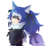  1girl animal_costume animal_ear_fluff animal_ears aoi_suzu_(kurone) black_ribbon blue_hair blue_lips closed_mouth dire_wolf_(kemono_friends) grey_eyes highres kemono_friends kemono_friends_v_project long_hair looking_at_viewer neckerchief ribbon school_uniform simple_background solo virtual_youtuber white_background wolf_costume wolf_ears wolf_girl 