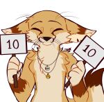  absurd_res accessory anthro bell brown_body brown_fur canid canine eyes_closed fennec fox front_view fur gale_(galefoxy) hi_res hybrid male mammal moujiiz name_tag number red_fox sign simple_background smile solo toony white_body white_fur yellow_body yellow_fur 