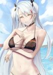  1girl arm_under_breasts azur_lane bikini black_bikini black_choker black_ribbon blue_sky breast_hold breasts choker cross cross_earrings earrings flag_print german_flag german_flag_bikini hair_ribbon highres jewelry kokugonochoko long_hair looking_at_viewer manjuu_(azur_lane) medium_breasts multicolored_hair official_alternate_costume prinz_eugen_(azur_lane) prinz_eugen_(unfading_smile)_(azur_lane) pulled_by_self red_hair ribbon side-tie_bikini sky solo strap_pull streaked_hair string_bikini swimsuit two-tone_hair upper_body very_long_hair water white_hair yellow_eyes 