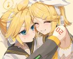  1boy 1girl armpits ascot bare_shoulders bass_clef blonde_hair blue_eyes blush bow cheek-to-cheek closed_eyes commentary_request detached_sleeves eighth_note flat_chest grin hair_bow hair_ornament hairclip happy headphones heads_together headset highres hug kagamine_len kagamine_rin monaka_age musical_note necktie number_tattoo parted_lips sailor_collar sailor_shirt shirt shoulder_tattoo sleeveless sleeveless_shirt smile speech_bubble spoken_musical_note sweatdrop tattoo treble_clef tsurime v-shaped_eyebrows vocaloid white_bow yellow_ascot yellow_nails yellow_necktie 