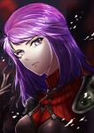  1girl black_background breasts head_tilt looking_to_the_side medium_breasts nnn_(user_krep5558) portrait purple_eyes purple_hair red_sweater ribbed_sweater selain_meneth solo super_robot_wars super_robot_wars_64 sweater 