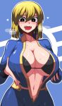  1girl :d bangs black_bra black_eyes blonde_hair blue_background blue_bodysuit blush bodysuit bra breasts collar collarbone commentary fallout_(series) formicid hair_between_eyes heart heart-shaped_pupils highres large_breasts long_sleeves looking_at_viewer medium_hair navel open_clothes open_mouth saliva simple_background smile solo stomach sweat symbol-shaped_pupils underwear upper_body vault_suit 