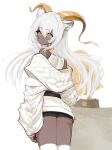  1girl absurdres animal_ears arknights beeswax_(arknights) beeswax_(weisser_sand)_(arknights) cowboy_shot dark-skinned_female dark_skin from_behind goat_ears goat_girl goat_horns hair_between_eyes highres horns long_hair looking_at_viewer looking_back off_shoulder official_alternate_costume red_(aba02) shirt solo sweater thighhighs thighs white_hair white_legwear white_shirt white_sweater yellow_eyes 